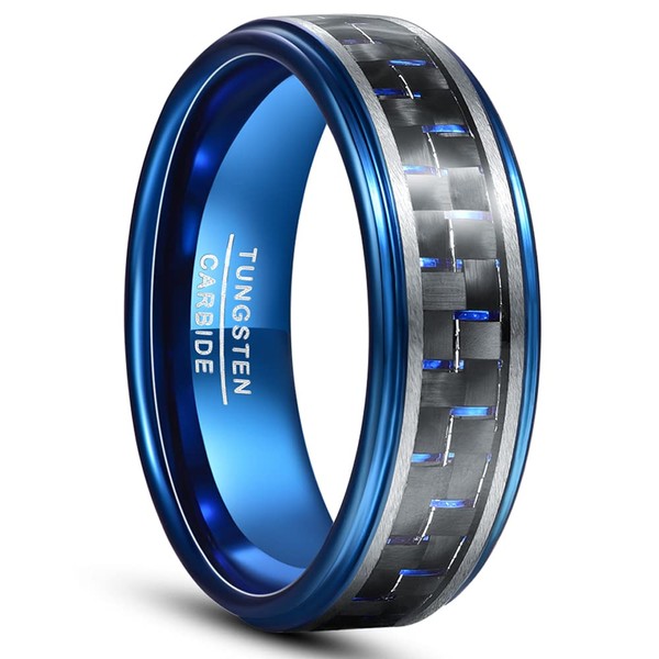 CHALAIR Blue Carbon Fiber Ring 8mm Black Tungsten Wedding Bands