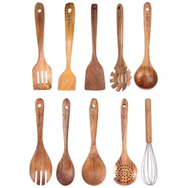 Teak Wood Kitchen Utensils- Set of 10 Cooking Utensils Spatulas- D.Sirez's Premium Quality Cooking Essential Teak Wooden Spoon and Spatulas for Daily Use