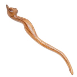 NOVICA Artisan Handmade Wood Back Scratcher Catthemed Natural from Bali Decor Accessories Home Accents Brown Indonesia Animal ' Helpful Cat'