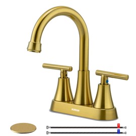4 inch Brushed Gold Bathroom Sink Faucet with Pop-up Drain and 2 Supply Hoses, Stainless Steel Lead-Free 2-Handle Centerset Faucet for Bathroom Sink Vanity RV