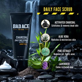 BAD ACE Daily Men's Charcoal Face Wash with Scrubs, Korean Exfoliating Face Wash - Premium Face Scrub for Men, Deep Cleansing Skin Care | Men's Facial Cleanser for Oily Skin & Normal Skin, 4 oz