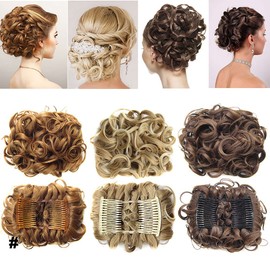 Short Messy Curly Dish Hair Bun Extension Easy Stretch hair Combs Clip in Ponytail Extension Scrunchie Chignon Tray Ponytail Hairpieces - Light Brown