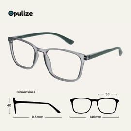 OPULIZE Max Reading Glasses - Classic Large Rectangular Frame - Matt Transparent Grey with Green Arms - Men's Women's Unisex - Spring Hinges - R78-7 - +3.50