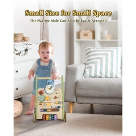 Wooden Baby Walker with Wheels, Push Walker for Baby Boy 12 Months, Baby Activity Center Sit to Stand Walker Small Size