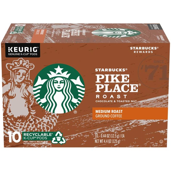 Starbucks Pike Place Medium Roast Single Cup Coffee for Keurig Brewers, 1 box of 10 (10 total K-Cup pods)
