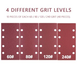 40 Piece Sandpaper Sanding Sheets Set Grit 60 80 120 240 8 Holes Sanding Sheet Set for Orbital Sanders Wood and Paint 95 x 185 mm