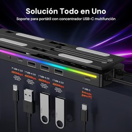 Soporte para Laptop, Base para laptop con Docking Station USB C 4 en 1,6 alturas ajustables,6 modos de iluminacin RGB,Soporte de estacin de...        