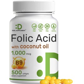 DEAL SUPPLEMENT Folic Acid 1000 mcg (1 mg), 500 Coconut Oil Softgels | Bioavailable Prenatal Vitamins (Vitamin B9) – 1,667 mcg DFE – Easy to Swallow, Non-GMO, & No Gluten