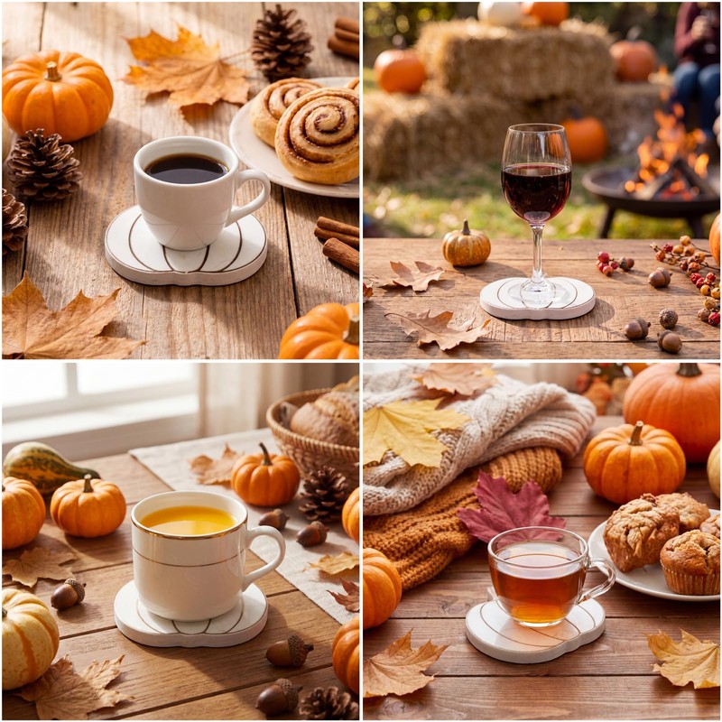 FoldTier 6 Pcs Marble Pumpkin Fall Coasters, Halloween Drink Coasters