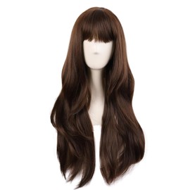 MapofBeauty 28 Inch Long Curtain Bangs Wavy Curly Cosplay Wig (Brown) | Party Wig,Synthetic Fiber,Heat Resistant,70 cm Wig