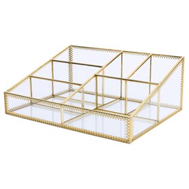 WHSLILR Vintage Gold Makeup Organizer - Glass Makeup Organizer Countertop Organizer for Make-Up Brushes Vanity, Tabletop Organizer Display Case for Bathroom, Vanity, Drawers GJB001