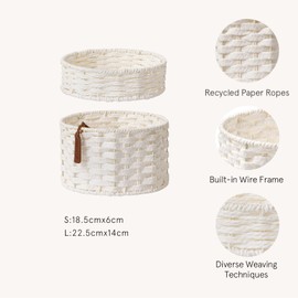La Jolíe Muse Wicker Baskets for Storage and Organisation, Round Rope Basket Made of Recyclable Paper, Decorative Handwoven Baskets Organiser for Makeup, Shelves, Living Room, White, Set of 2
