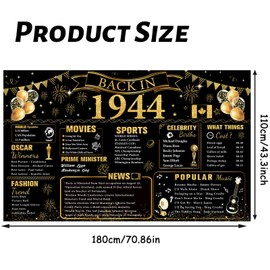 80th Birthday Decorations for Men Women, Canada Back in 1944 Banner 80 Year Old Party Decor for Him Her Vintage Cheers to 80 Years Backdrop Large-Size Poster Black Gold Class Reunion Anniversary