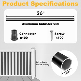 50 Pack 26" Aluminum Deck Balusters, 3/4" Diameter Black Metal Deck Spindles with Connectors and Screws, Hollow Round Aluminum Deck Balusters for Deck Railing, Staircase, Porch, Patio, etc