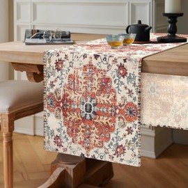 Chicamy Vintage Boho Style Table Runner, 40 x 140 cm, Linen, Mandala Flowers, Ethnic, Washable, Rectangular, Decorative for Dining Room, Party, Holiday