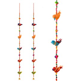 Set of 2 Indian Door Hanging 5 Fabric Birds Tota String with Bell Festival Decoration for Home Window Wall Temple Bedroom Kids Room Home Décor Gifting (Size :- 34" / 2.8 Feet's Approx.)