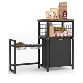 Sungaryard Elevated Dog Bowls Toy Basket Pet Feeding Station, Adjustable Dog Raised Bowl Stand with Pet Storage Organizer for Large Medium Small Dogs and Cats, Black (Include 2 Food Bowls)