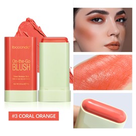 VIDIND Cream Stick Blush, 3-in-1 Multi-Purpose Blush for Cheeks, Eyes and Lips, Long-Lasting, Creamy Stick Blush, Lightweight and Breathable, Multi-Purpose Blush for All Skin Tones (3#coral Orange)