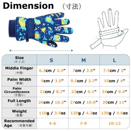 YAPJEB Kids Winter Gloves, Dinosaur Snow Gloves, Waterproof Warm Ski Gloves for Boys and Girls Skating Snowboarding Hiking(Dark Blue-L)