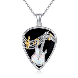 AXOMY Guitar Pick Necklace 925 Sterling Silver Black Tourmaline Guitar Plectrum with Music Note Pendant Necklaces Guitarist Jewelry Gifts for Women Men