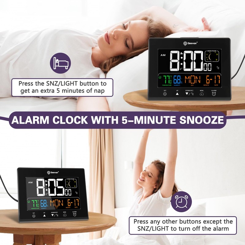Geevon Digital Atomic Alarm Clocks for Bedrooms, Color VA Display