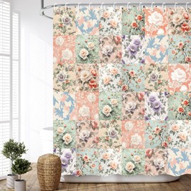 JAWO - Cortina de ducha estilo bohemio, diseño floral, color rosa, clásico, bonita y divertida, retro, bohemio, de tela estética, para decoración de baño con ganchos, 60 x 70 pulgadas