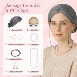 SEGO Old Lady Wigs for Women Girls 7PCS Set, Hair Bun Salt and Pepper Granny Wig and Gold Glasses 7 pcs Set for Old Woman Grandmother Cosplay 100 Days of School Halloween Party