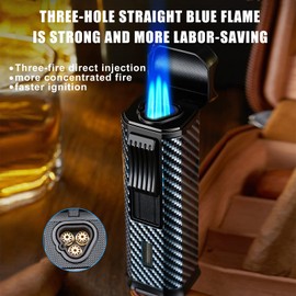 BestCatgift Carbon Fibre Texture Triple Jet Flame Torch Cigar Lighter with Cigar Punch | Cigar Holder | Gas Window | Refillable Butane