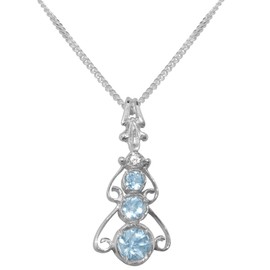 925 Sterling Silver Real Natural Aquamarine & Cubic Zirconia Womens Bohemian Pendant & Chain Necklace - Chain length 18