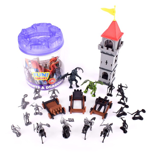 Sunny Days Entertainment Knights and Dragons Figures in Bucket – 42 Assorted Soldiers and Accessories Toy Play Set for Kids | Plastic Fantasy Figurines with Storage Container