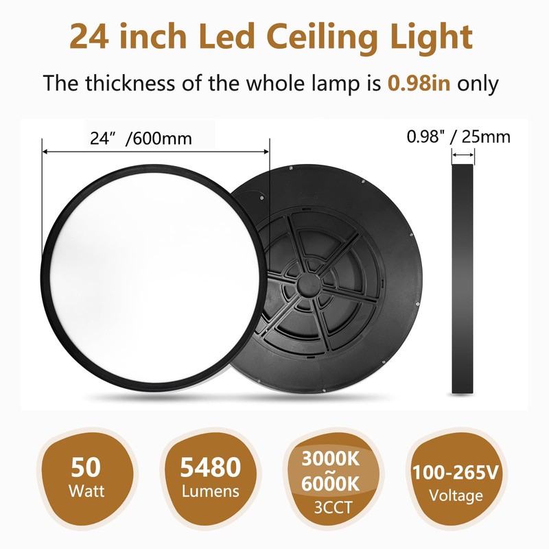 24 Inch Large LED Flush Mount Ceiling Light, 50W, 5480LM,