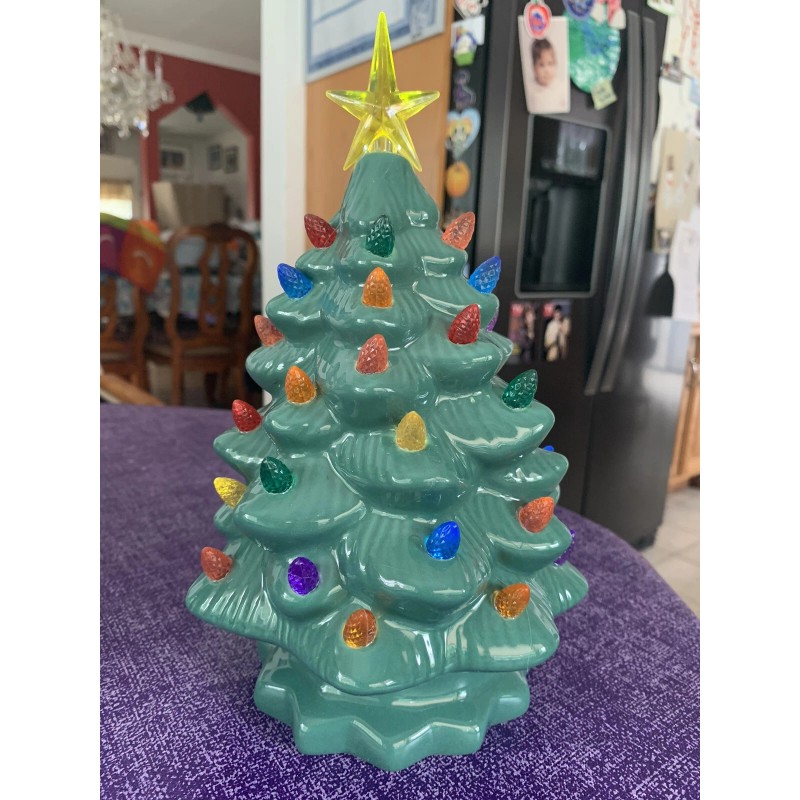 Ceramic Christmas Tree Large Green Tabletop Tree Multicolored Lights 11"