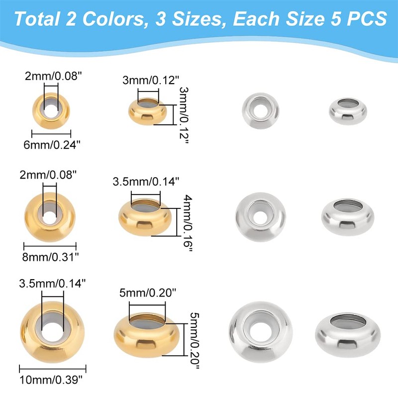 UNICRAFTALE Approximately 30 Pieces 2 Colors 6/8/10mm Rondelle Beads, Stainless