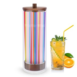 JYPS Straw Holder Dispenser for Standard Size Drinking Straw, Acrylic Straw Organizer for Counter with 100 Colorful Straws, Wooden Straw Dispenser for Pencils,Kitchen, Classroom(Dark brown, 10 in)