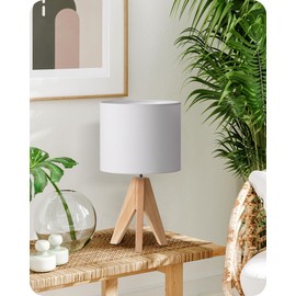 EDISHINE Wooden Bedside Lamp, Tripod Table Lamp, E27 Socket, Vintage Linen Lampshade, White, for Bedroom, Living Room, Gift