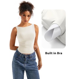 SUUKSESS Women Built in Bra Open Back Boat Neck Tank Tops Double Lined Backless Y2K Going Out Top Basic Shirt (White,XS)
