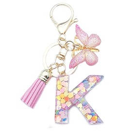 Xsclpomddy A-Z Initials Letter Keychain Pink with Tassel Butterfly Pendant for Wallet Backpack Handbags Women Girls,Letter K