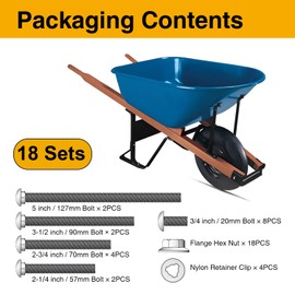 Mrosnail Wheelbarrow Carriage Bolts and Nuts Kit,Stainless Steel Carriage Bolts 5/16-18 5”,3-1/2”,2-3/4”,2-1/4”,3/4”,Flange Hex Nuts,Nylon Retainer Clips,Wheelbarrow Handles Replacement Parts,18Sets