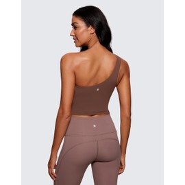 CRZ YOGA Butterluxe One Shoulder Longline Sports Bra for Women - Asymmetrical Yoga Bra Workout Crop Built in Bra Tank Tops Coffee Brown X-Large