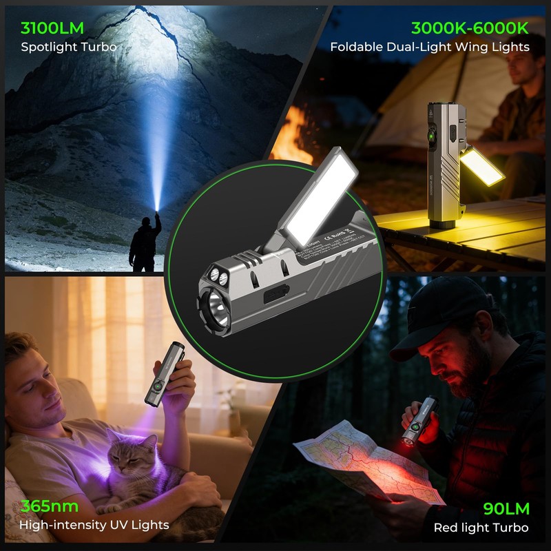 HD05 Flat EDC Flashlight, 3100 Lumens 4-in-1 LED Rechargeable Flashlight