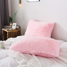 LIFEREVO 2 Pack Shaggy Plush Faux Fur Pillow Shams Fluffy Decorative Pillowcases Zipper Closure (Standard Queen Pink)