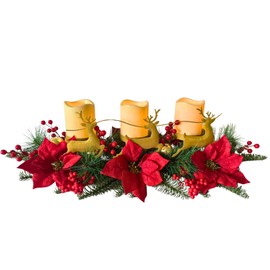 Christmas Poinsettia Candle Holder Table Centerpiece with Metal Deer Reindeers Figurine Silhouette Red Berries and Pine Needles for Home Party Table Mantel Christmas Decorations