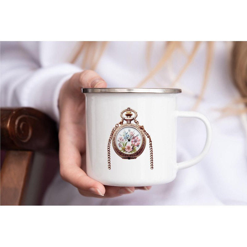MAXIKIWI Langlebige Emaille-Kaffee- oder Tee-Camping-Tasse für drinnen und draußen, Vintage-Taschenuhr,