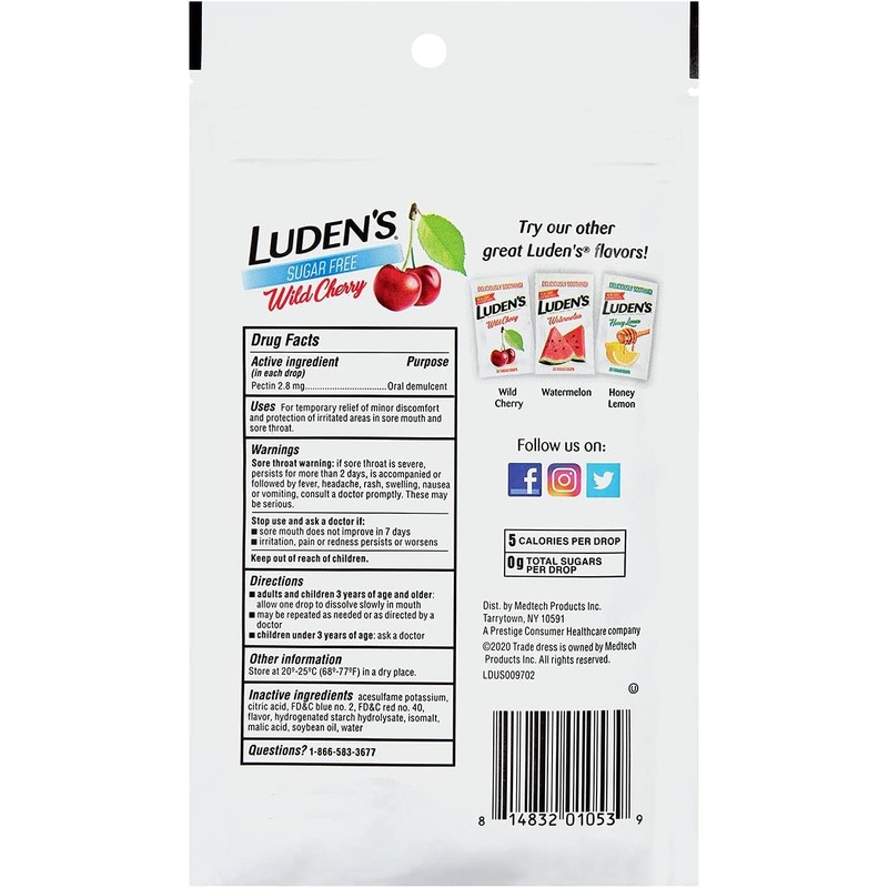 Luden's Sugar Free Wild Cherry Throat Drops, Sore Throat Relief,