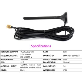 LPWA Outdoor Waterproof Antenna, 5dBi High GAIN with Magnetic Base, SMA Male Connector LoRa Antenna, Support 4G/3G/2G/LPWA, 690~2700 Frequency