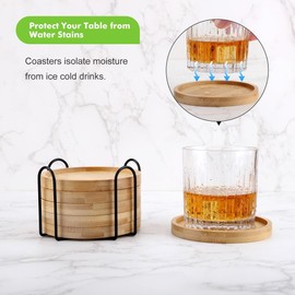 WLWNWFT Bamboo Coaster Set of 6 with Lid Holder for Coffee Table, Wooden Coasters for Drinks Saucers for Planters Tabletop Protection Housewarming Gift