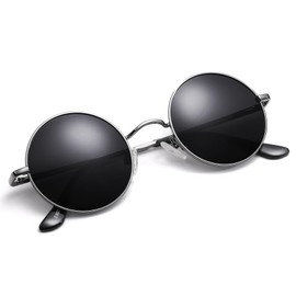 Pro Acme Retro Small Round Polarised Sunglasses for Men Women (Silver Frame, Grey Lens)