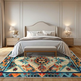 Area Rug 5x7 Rug Geometric Western Aztec Tribal Southwestern Orange Blue Large Carpet Non Slip Low Pile Machine Washable Rugs for Living Room Bedroom Dining Room