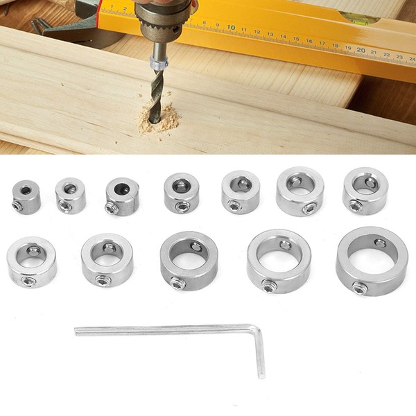 Fyearfly Depth Stop Set, 12Pcs 3-16mm Universal Drilling Limit Ring Drill Bit, Depth Stop Collar Ring Stainless Steel Drill Bit Positioner Spacing Ring Locator for Woodworking