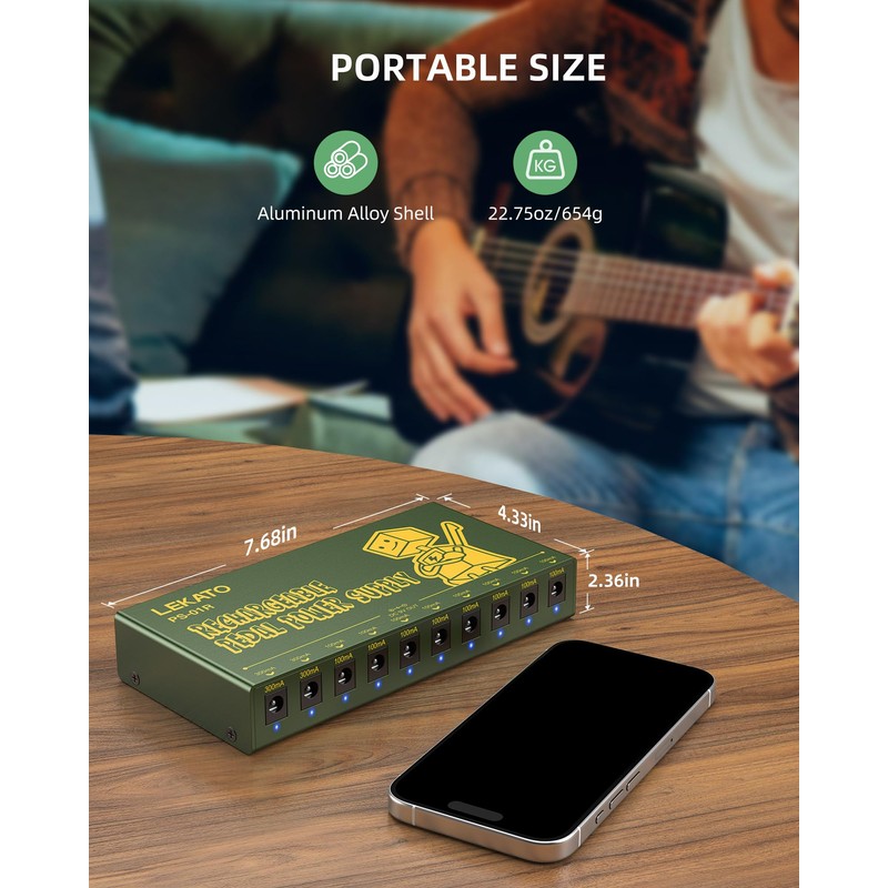 LEKATO Built-in 10000mAh Rechargeable Battery Guitar Pedal Power Supply, 10